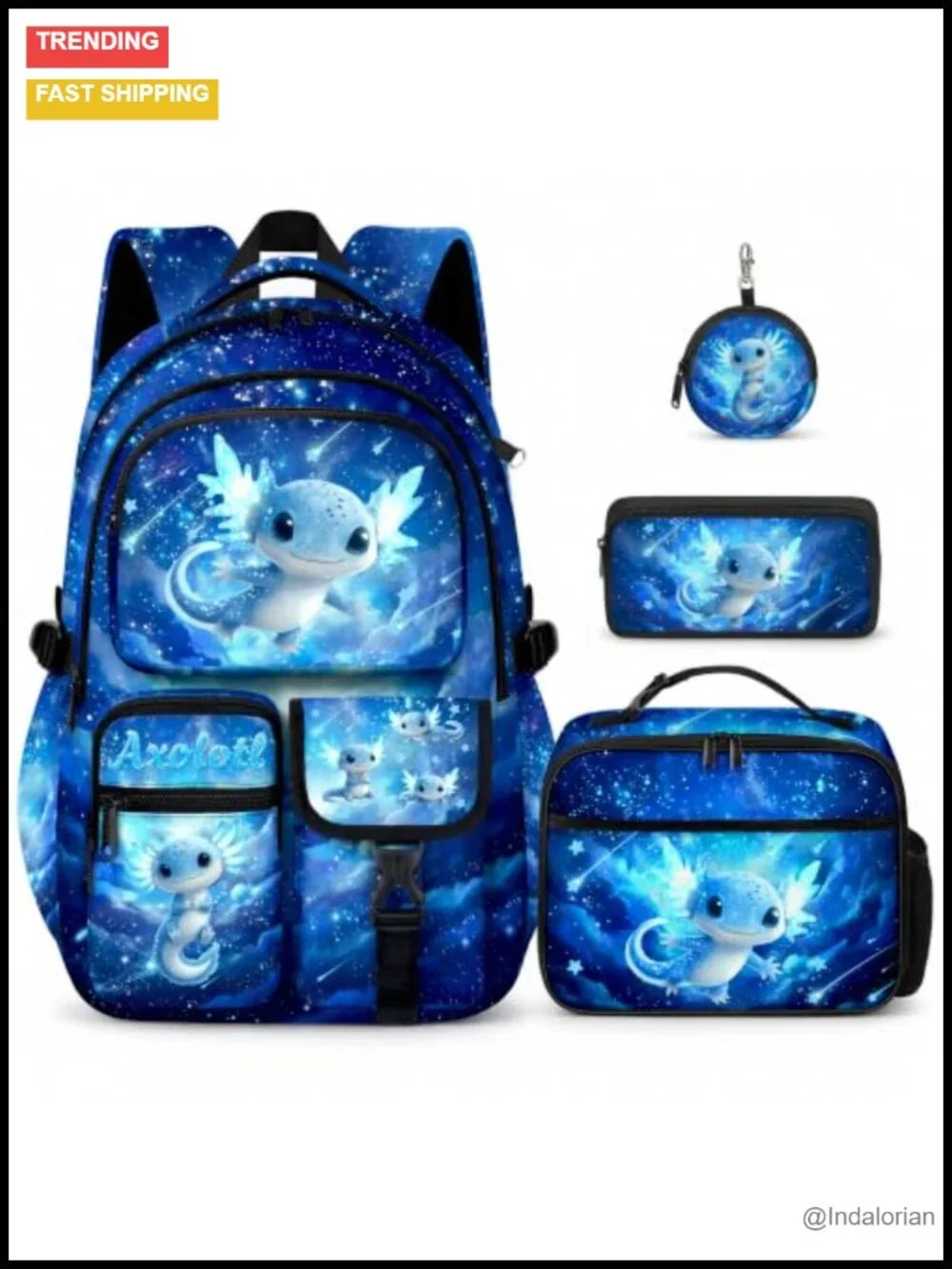 4-in-1 Axolotl Backpack Set with Lunch Box Pencil Case Coin Purse for School
